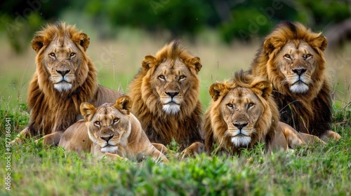 A group of lions lounging in the grass