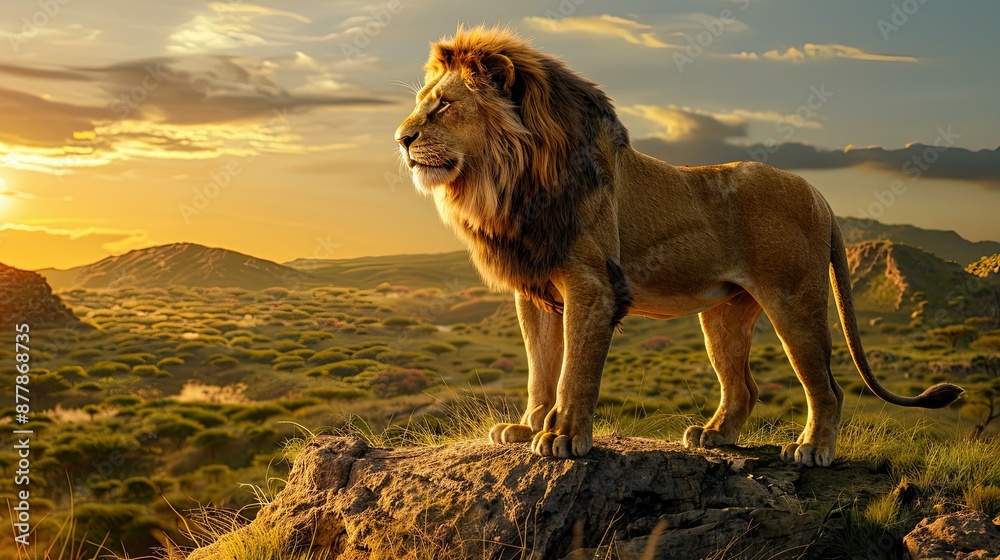 A majestic lion standing on a rock overlooking the savanna A majestic lion standing on a rock overlooking the savanna