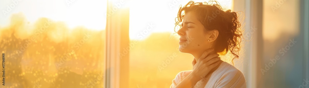A woman stands by a window, basking in the warm glow of the sunrise, capturing a serene and reflective moment.
A woman stands by a window, basking in the warm glow of the sunrise, capturing a serene and reflective moment.