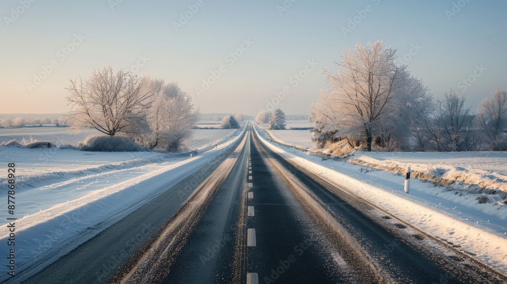 Highway with a solid white line down the center, leading into the horizon through a snowy landscape under a clear winter sky. Highway with a solid white line down the center, leading into the horizon through a snowy landscape under a clear winter sky.