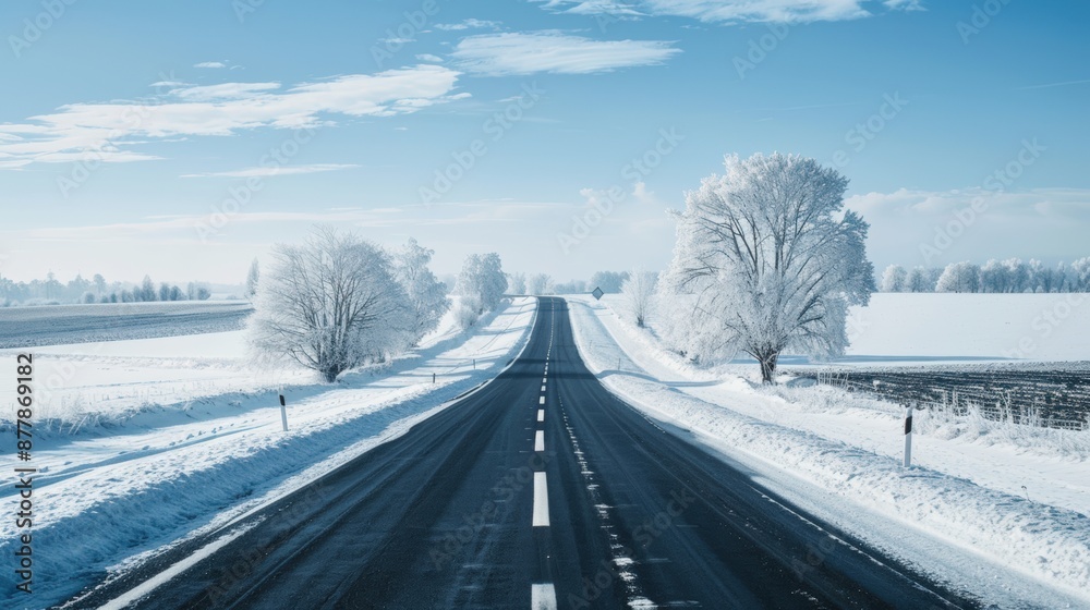 Highway with a solid white line down the center, leading into the horizon through a snowy landscape under a clear winter sky. Highway with a solid white line down the center, leading into the horizon through a snowy landscape under a clear winter sky.