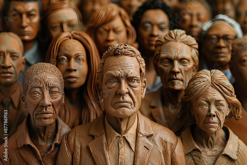 Artistic clay sculpture of diverse group of people, showcasing various emotions and expressions, emphasizing unity and human connection. © AlexCaelus