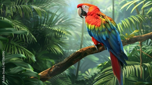 Wallpaper Mural A vibrant parrot perched on a branch in a tropical rainforest Torontodigital.ca