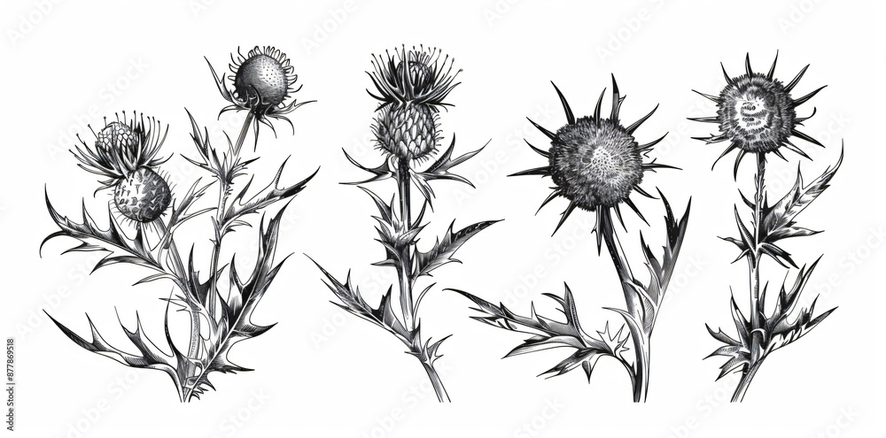 Thistle, ink drawing with black outline on white background, three different angles of the same plant, hand drawn style, simple vector art, clipart