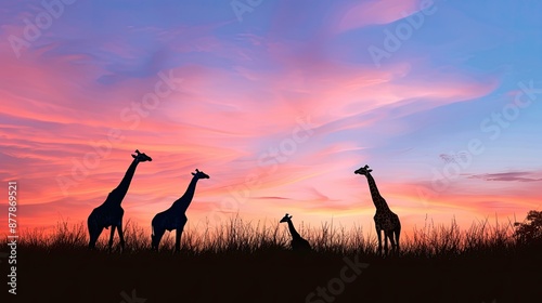 Giraffes under a sunset sky with space for text in the background © savittree