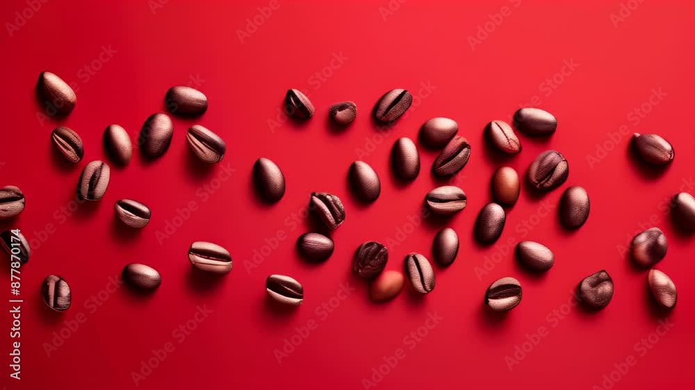 Coffee beans scattered on red background Coffee beans scattered on red background