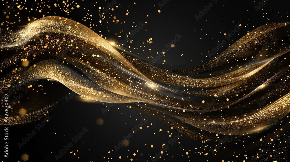 Black background with sparkling gold waves, luxurious and elegant design for banners