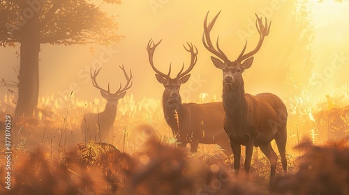 Stags in a misty morning with space for text in the background © savittree