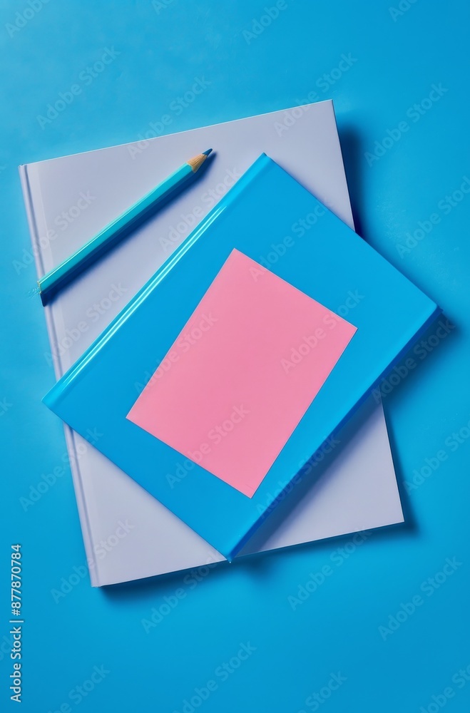 A flat lay composition featuring a blank pastel pink sticky notes, one light blue notebook, and a pencil on top of it A flat lay composition featuring a blank pastel pink sticky notes, one light blue notebook, and a pencil on top of it