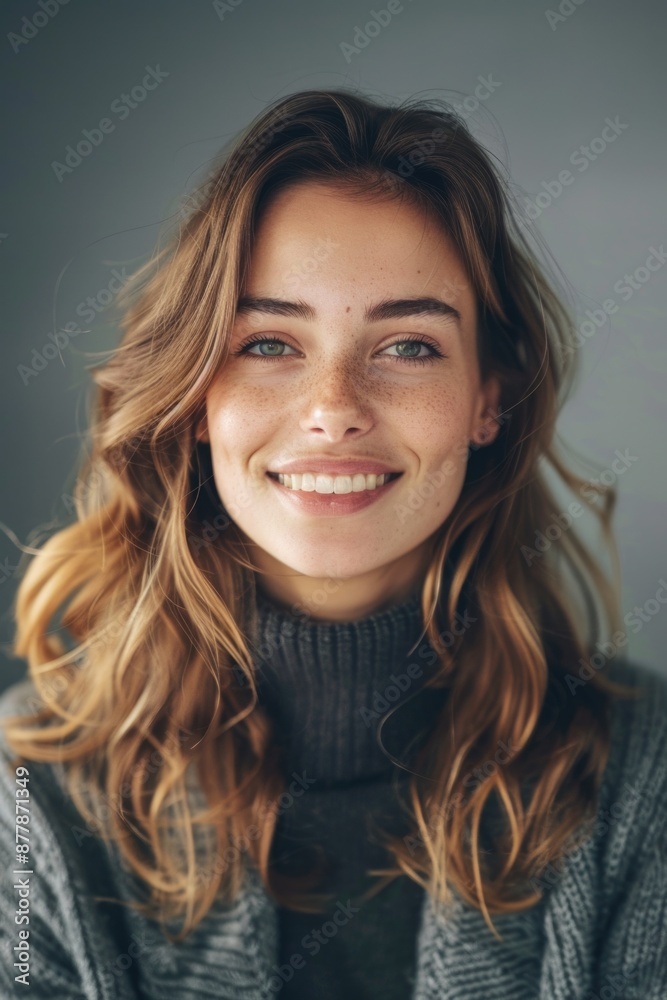 A woman wearing a long-sleeved turtle neck sweater, her long hair falling down her back A woman wearing a long-sleeved turtle neck sweater, her long hair falling down her back