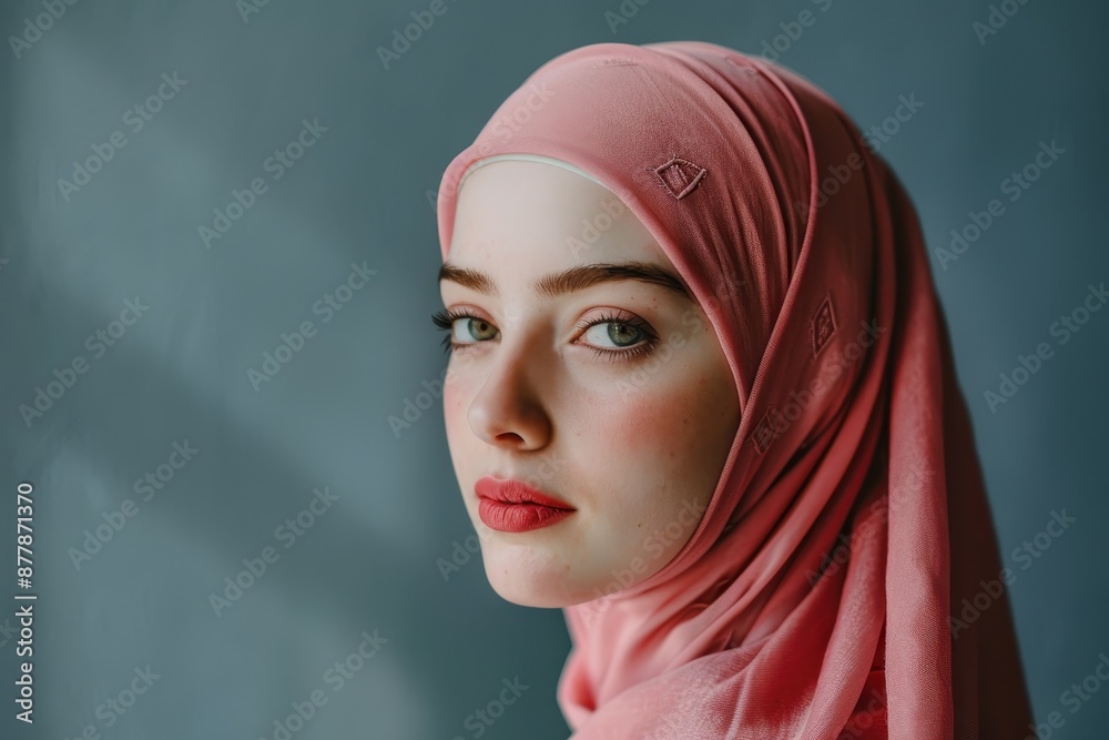 Naklejka premium Portrait of a Young Woman in a Pink Headscarf