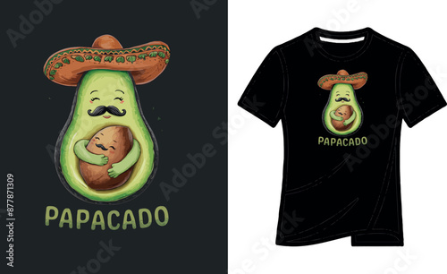 funny vector  t - shirt design of an avocado hugging its own pit as a baby, papa, father