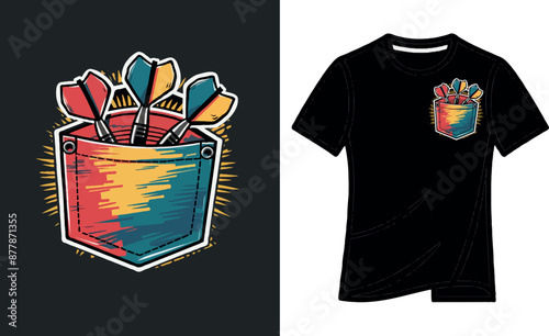 Colorful t-shirt vector image of a pocket with three colored darts peeking out of it, on a black background