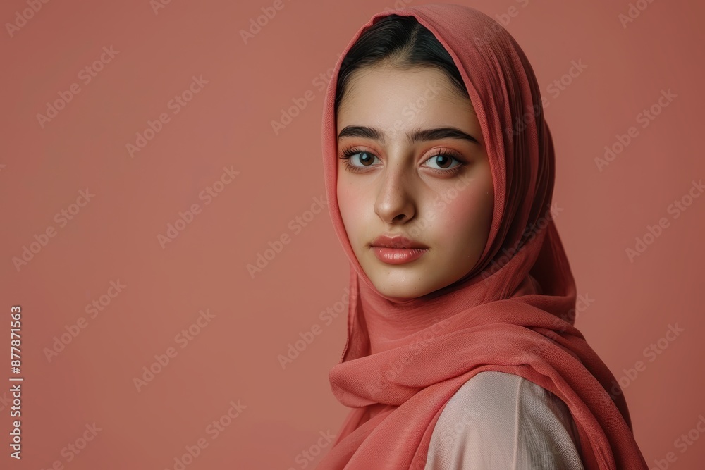 Portrait of a Young Woman in a Coral Hijab Portrait of a Young Woman in a Coral Hijab