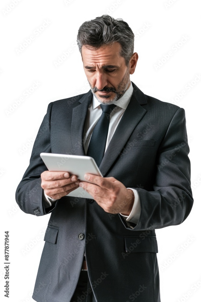 A businessman looks at his tablet screen, likely checking emails or data A businessman looks at his tablet screen, likely checking emails or data