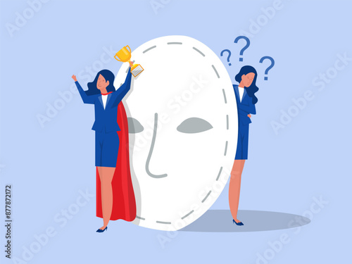 Imposter syndrome.woman standing for her present profile with fear after door . Anxiety and lack of self confidence at work; the person fakes is someone else concept