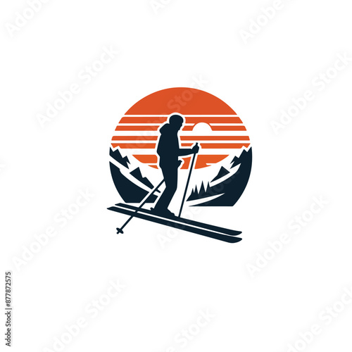 Ski club concept with skiers skiing downhill in high mountains. Retro badge vector ski club. Concept for shirt, print, stamp or tuning. Ski club typography design - stock vector.