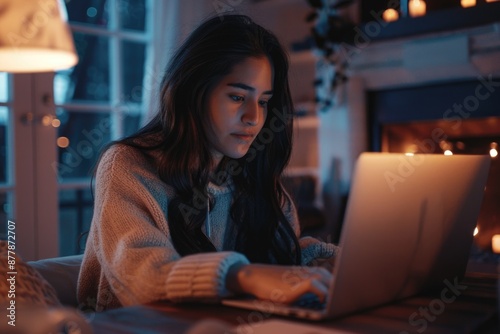 A woman sits in front of a laptop computer, focused on her work