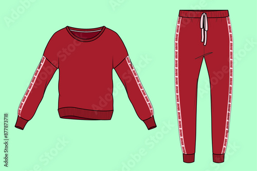 ladies nightwear drop shoulder red color sweatshirt cuff jogger loungewear fashion illustration flat sketch vector. 