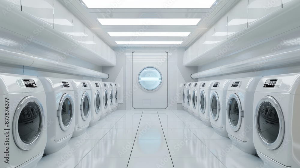 Modern laundry room with rows of washing machines in a bright, futuristic setting, showcasing cleanliness and efficiency. Modern laundry room with rows of washing machines in a bright, futuristic setting, showcasing cleanliness and efficiency.