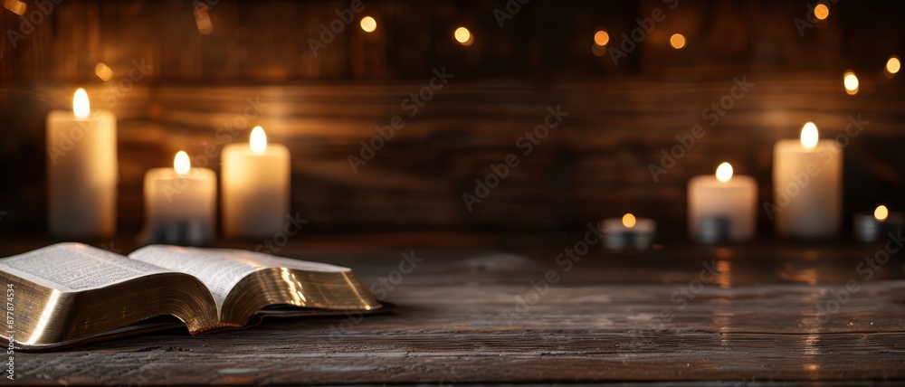Open Bible on Wooden Table with Lit Candles in Background Creating a Warm and Peaceful Atmosphere Open Bible on Wooden Table with Lit Candles in Background Creating a Warm and Peaceful Atmosphere