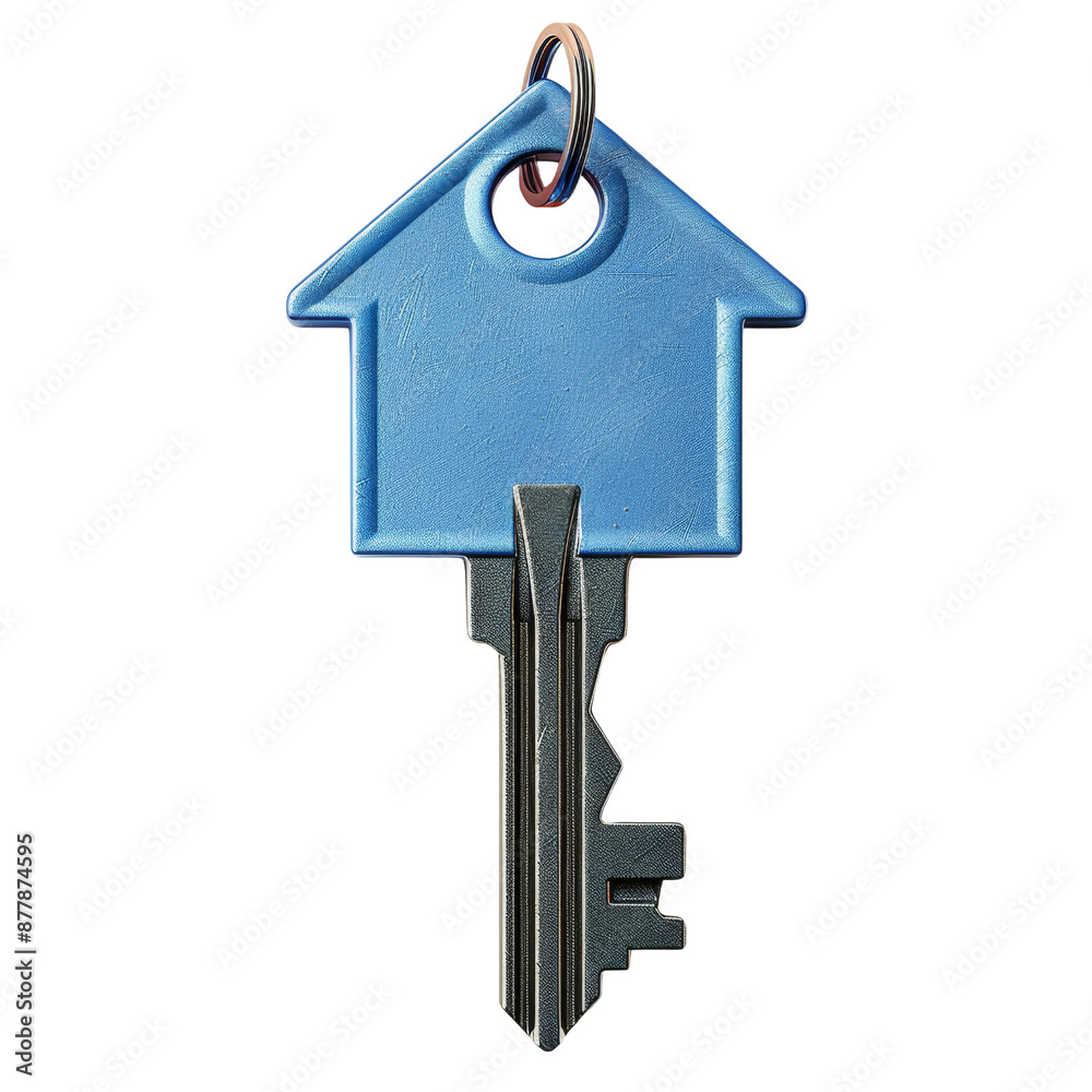 Blue house-shaped key with a simple design and attached keyring transparent background clipart Blue house-shaped key with a simple design and attached keyring transparent background clipart