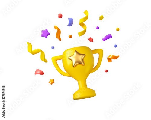 Trophy vector 3d icon. Gold cup award with star and confetti, cartoon simple illustration. Champion prize design element, isolated on white background