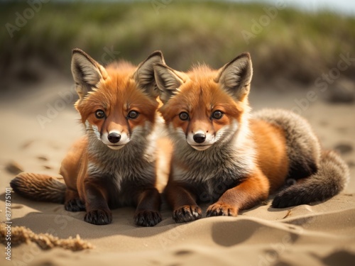 Wild baby red foxes cuddling at the beach