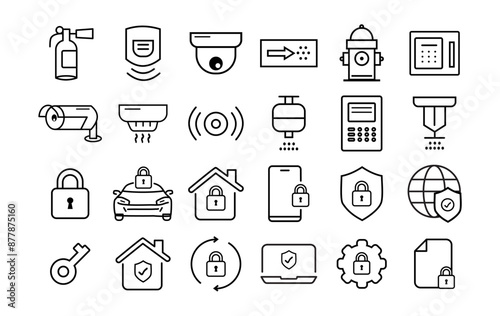 Icon set Protection for office or home, cctv icon, security guard icons set outline vector. Education yard