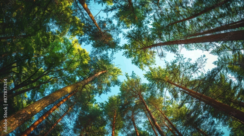 Fototapeta premium A view of tall pine trees from the ground looking up, their green needles creating a dense canopy against a clear blue sky.