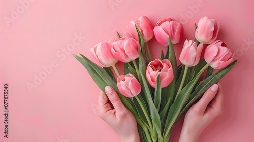 Flowers composition romantic. Woman hands hold pink tulips flower bouquet on pastel pink background. Flat lay, top view, copy space