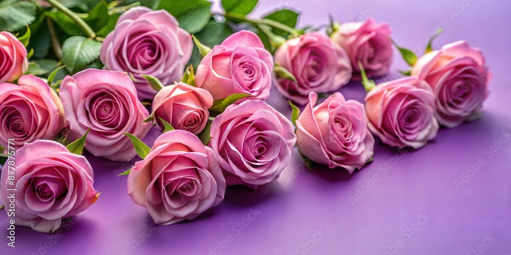 A beautiful arrangement of pink roses on a purple background, showcasing elegance and floral beauty. A beautiful arrangement of pink roses on a purple background, showcasing elegance and floral beauty.