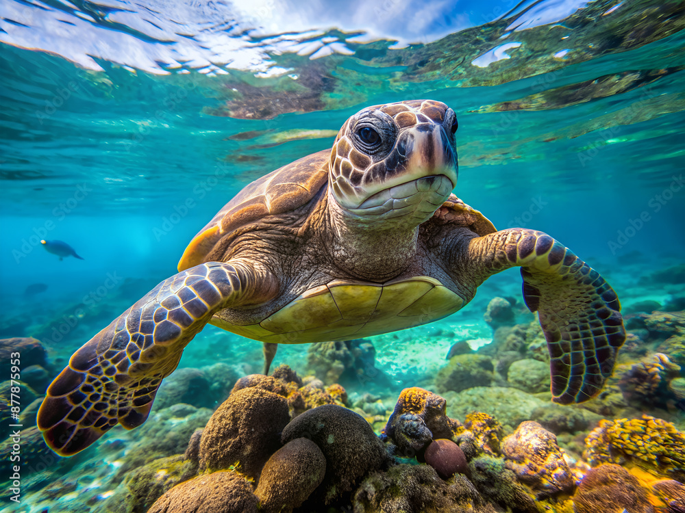 Obraz premium Sea turtle on the island.Looking at the camera, close-up.