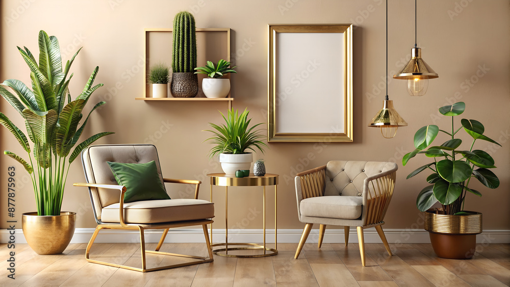 Fototapeta premium Stylish living room interior with a poster frame mock-up. 