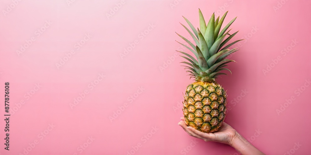 A hand holding a fresh pineapple against a pink background, emphasizing the vibrant contrast between the fruit and backdrop. A hand holding a fresh pineapple against a pink background, emphasizing the vibrant contrast between the fruit and backdrop.