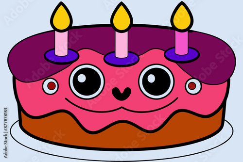 An animated cartoon birthday cake with candles lit is shown in this vector art image photo