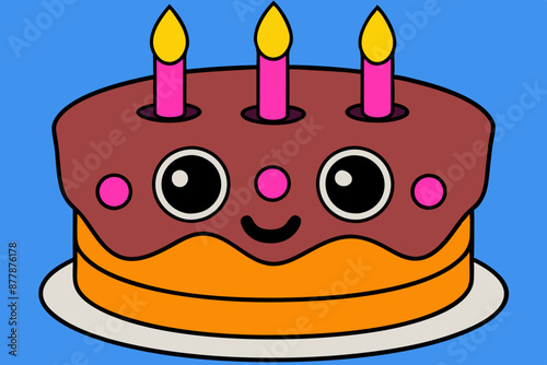 An animated cartoon birthday cake with candles lit is shown in this vector art image photo