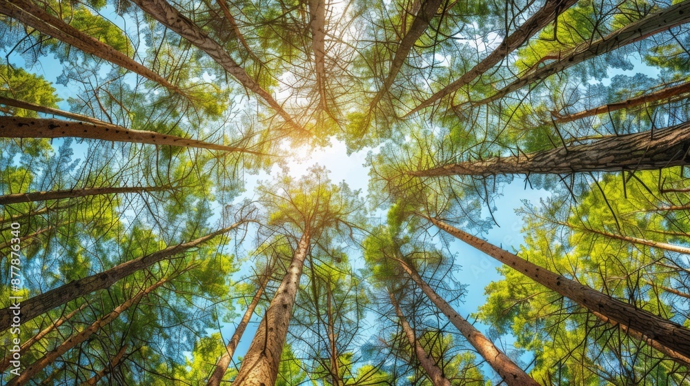 Fototapeta premium A view of tall pine trees from the ground looking up, their green needles creating a dense canopy against a clear blue sky.