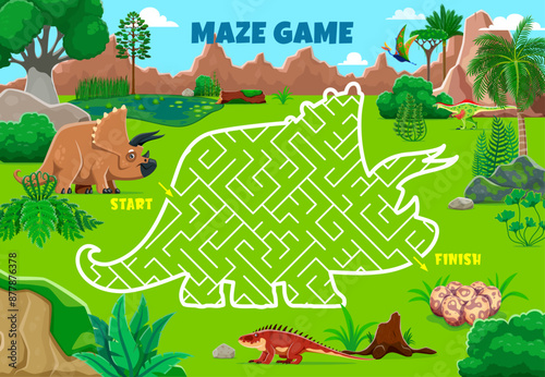 Labyrinth maze game. Help to mother dinosaur find her eggs. Vector fun and engaging dino-themed worksheet prehistoric vegetation. Riddle starts at the triceratops and finishes at the nest with eggsV