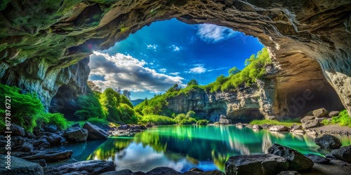 Stunning Cave Entrance with Clear Water Pool and Lush Greenery Under Bright Blue Sky