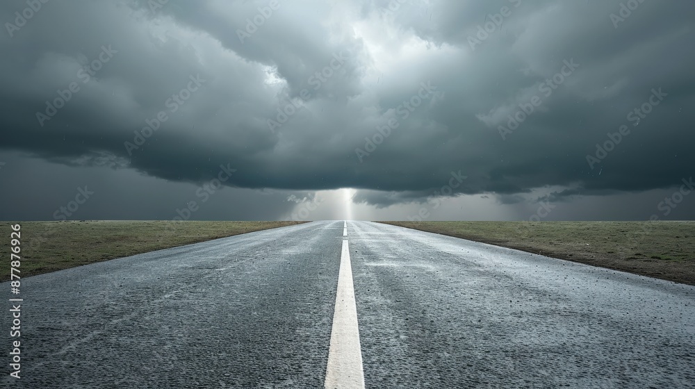 Straight road leading into stormy sky with dark clouds, creating a dramatic and intense landscape scene, showcasing nature's power. Straight road leading into stormy sky with dark clouds, creating a dramatic and intense landscape scene, showcasing nature's power.