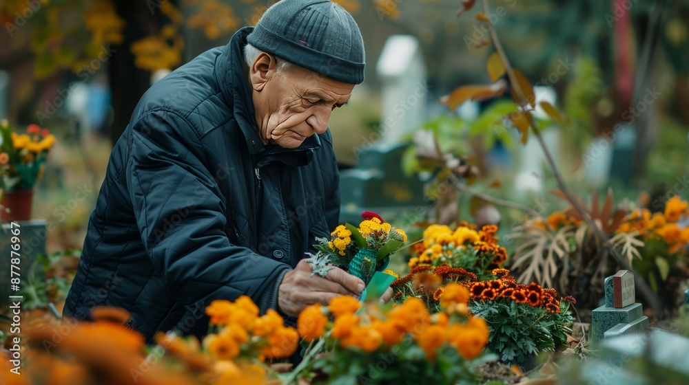 An elderly man visits a memorial park, placing flowers and honoring cherished memories of those lost. An elderly man visits a memorial park, placing flowers and honoring cherished memories of those lost.