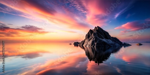 Isolated Rocky Island Reflecting in Calm Water During a Vibrant Sunset with Dramatic Sky