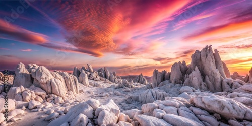 Stunning White Rock Formations Under Vibrant Sunset Sky with Dramatic Clouds and Colorful Horizon