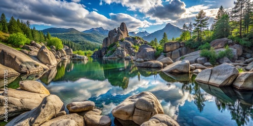Crystal Clear Mountain Lake with Reflective Waters and Majestic Rocky Surroundings Under Blue Sky