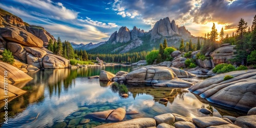 Stunning Mountain Lake at Sunset with Reflections and Rocky Shores