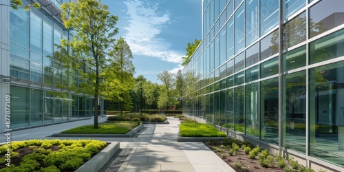 Stylish office building with glass facade, corporate atmosphere, modern design, set in green landscape AIG59 photo