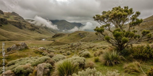 Serene Mountain Valley with Lush Vegetation and Overcast Sky