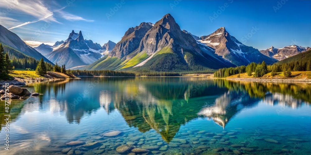 Naklejka premium Tranquil Slovenian Splendor: Majestic Alpine Landscape of the Julian Alps and Soca River, Framed by Lush Forests and Turquoise Waters, Under a Clear Sky Offering a Serene Journey into Nature's Pristin