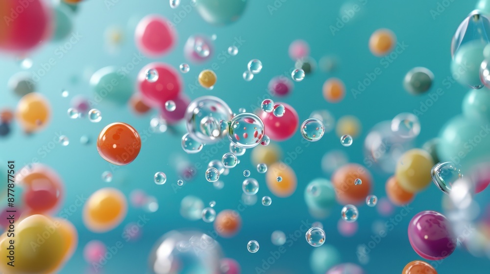 Vibrant colorful bubbles floating in a dreamy blue background, creating a playful and whimsical abstract art scene. Vibrant colorful bubbles floating in a dreamy blue background, creating a playful and whimsical abstract art scene.